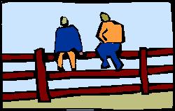 Stylised graphic of two people sitting on a fence. Stylised graphic of two people sitting on a fence.