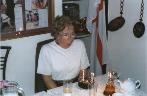 Picture of Gwen Jones blowing out her birthday cake. Picture of Gwen Jones blowing out her birthday cake.