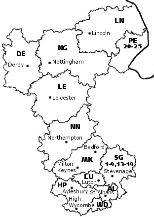 Map of the region, indicating the postcode areas LN, PE 20-25, NG, DE, LE, NN, MK, SG 1-9, 13-19, LU, HP, AL and WD