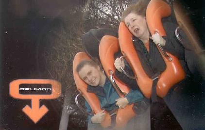 Close-up picture of two members on the Oblivion ride Close-up picture of two members on the Oblivion ride