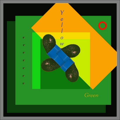 An abstract photo, squares and circles intersecting in garish colours with a central four way motif. An abstract photo, squares and circles intersecting in garish colours with a central four way motif.